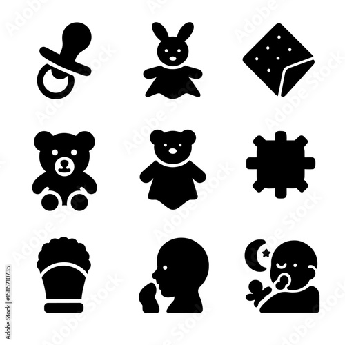 Baby Comfort Icons. Solid vector icons of pacifiers and comfort: pacifier clip, plush security toy, muslin blanket, cuddle bear