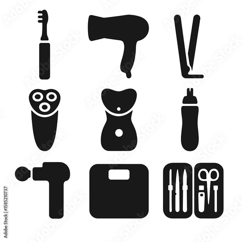 Personal Care Electronics Icons. Solid style icons of personal care electronics: electric toothbrush, hairdryer silhouette,
