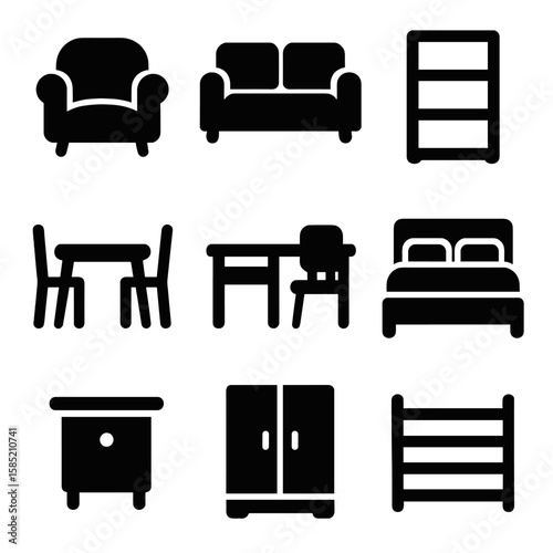 Furniture Icon Set. Solid vector icons of furniture: armchair icon, sofa with cushions, bookshelf silhouette, dining table set,