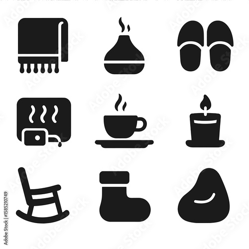 Cozy Home Icons. Solid style icons of home comfort items: throw blanket icon, essential oil diffuser, slippers pair, heating