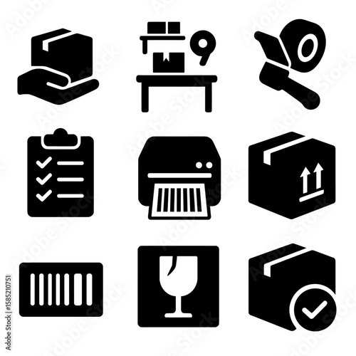 Order Fulfillment Icons. Solid style icons of order fulfillment: picking box icon, packaging station, seal tape roller, order