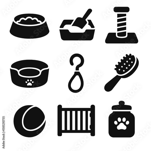 Pet Essentials Icons. Solid vector icons of pet-related home items: pet food bowl, litter box icon, scratching post, pet bed,