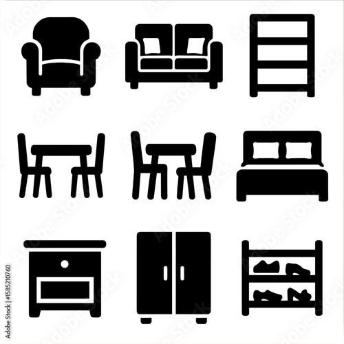 Furniture Icon Set. Solid vector icons of furniture: armchair icon, sofa with cushions, bookshelf silhouette, dining table set,