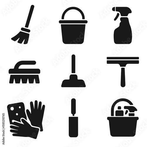 Cleaning Tools Icons. Solid style icons of cleaning tools: broom and dustpan, mop bucket icon, spray bottle silhouette, scrub