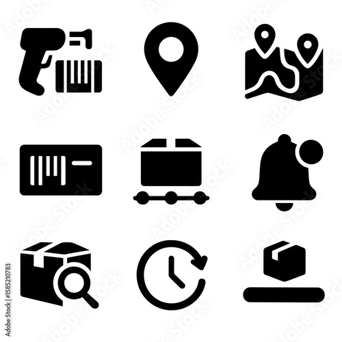 Package Tracking Icons. Solid vector icons of package tracking: barcode scanner icon, GPS location pin, delivery route map,