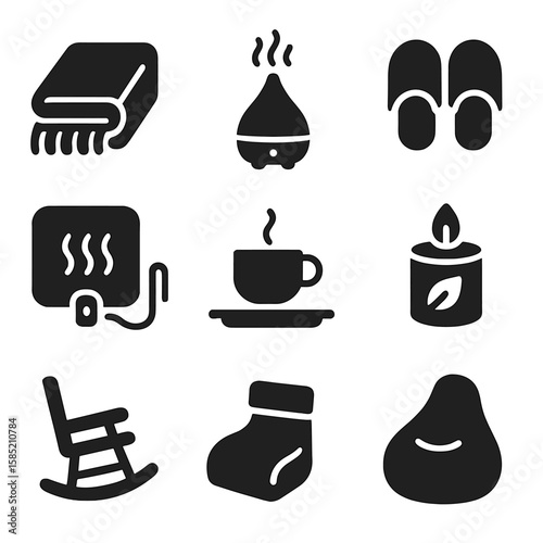 Cozy Home Icons. Solid style icons of home comfort items: throw blanket icon, essential oil diffuser, slippers pair, heating