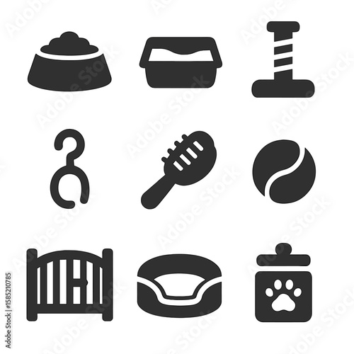 Pet Essentials Icons. Solid vector icons of pet-related home items: pet food bowl, litter box icon, scratching post, pet bed,