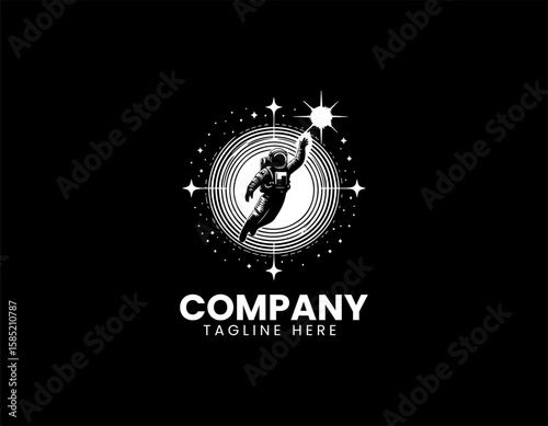 Adventurous Astronaut Reaching Star Space Exploration Future Dream Vector Logo Design
