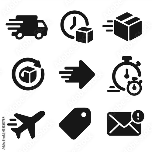 Express Delivery Icons. Solid style icons of express delivery services: fast delivery icon, clock and package symbol, same day