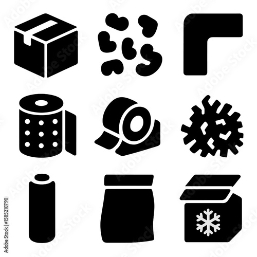 Packaging Material Icons. Solid vector icons of packaging materials: cardboard box icon, packing peanuts, foam corner protector,