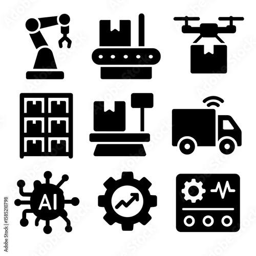 Logistics Automation Icons. Solid vector icons of automation in logistics: robotic picking arm, conveyor sorter machine, warehouse