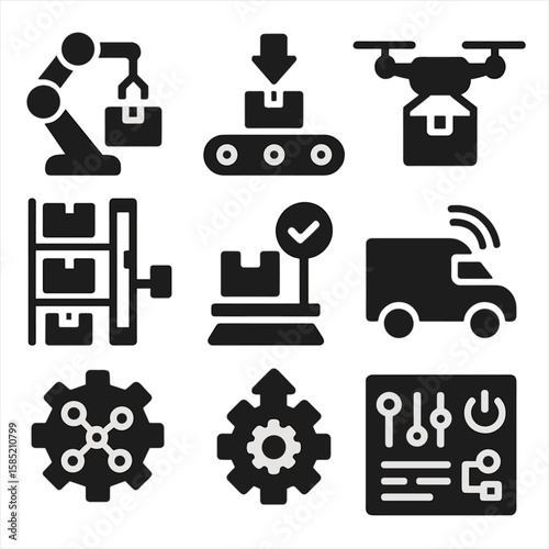 Logistics Automation Icons. Solid vector icons of automation in logistics: robotic picking arm, conveyor sorter machine, warehouse