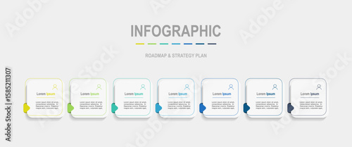 For business concept with 7 steps infographics, rectangle shape with multicolor label, design for workflow layout, diagram, annual report, web design. vector illustration