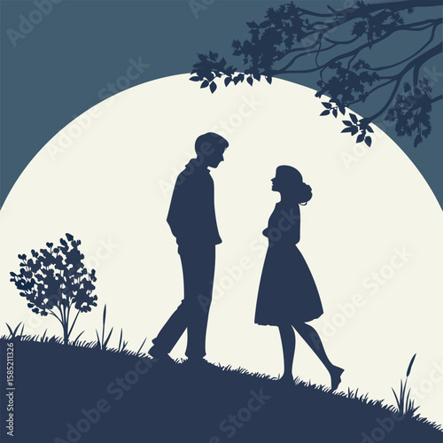 A Romantic Couple Silhouetted Against a Large Moonlit Sky