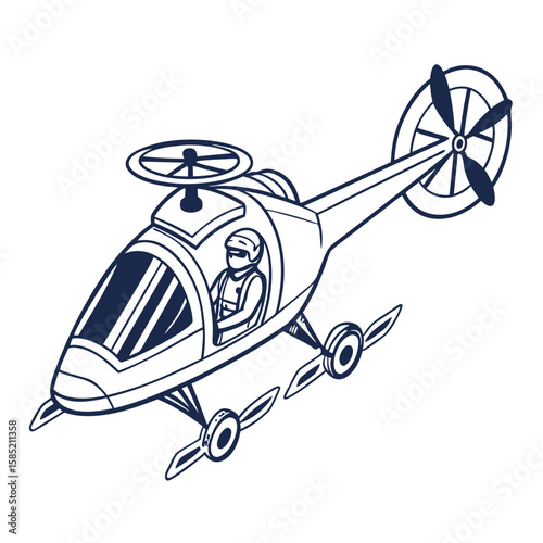 Futuristic helicopter pilot flying advanced aircraft vector
