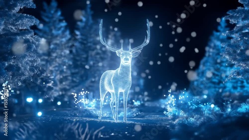 Digital hologram of a deer in a winter forest. Abstract blue deer and trees in virtual space. Christmas holidays and winter concept footage.