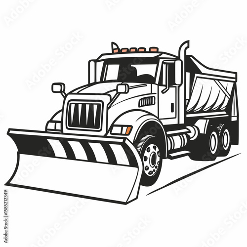 Heavy duty snow plow truck clearing road winter