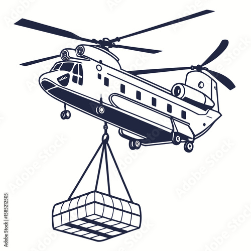 Heavy lift tandem rotor helicopter transporting cargo aviation military