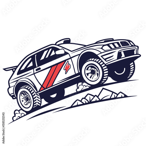 Modified rally car driving uphill racing off road