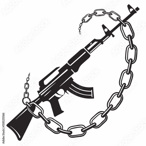 Assault Rifle Entangled in a Broken Chain Symbolizing Freedom From Violence and Conflict Resolution