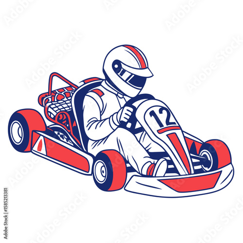 Racing kart driver in white suit and helmet go kart