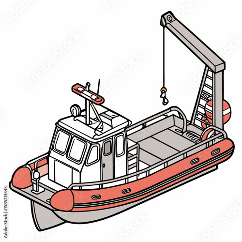 Red and gray rescue boat with crane marine watercraft