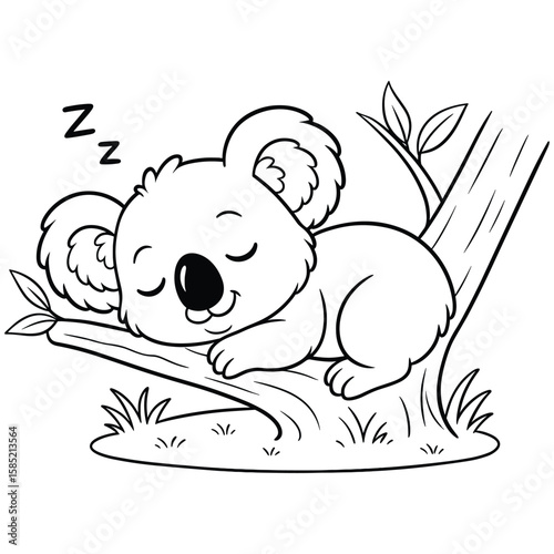 A sleeping koala nestled in a tree branch, waiting for a fresh new day to begin, An adorable koala dozing peacefully, dreaming of eucalyptus leaves