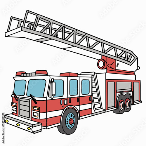 Red and white fire truck with extended ladder emergency vehicle