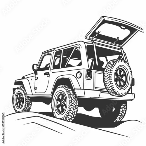 Offroad vehicle with open trunk and spare tire convertible