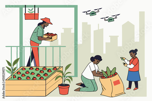 People harvesting crops on a balcony garden with drones flying above in an urban environment setting view