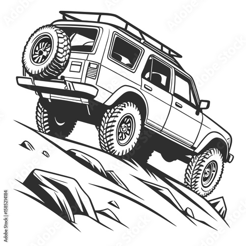 Rugged four wheel drive vehicle climbing rocky terrain