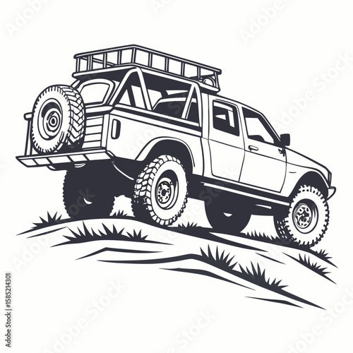Rugged pickup truck with roof rack and spare tire off road