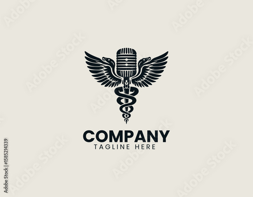 Professional Microphone Caduceus Healing Sound Communication Vector Logo Design
