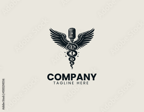 Professional Microphone Caduceus Healing Sound Communication Vector Logo Design
