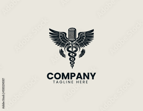 Professional Microphone Caduceus Healing Sound Communication Vector Logo Design