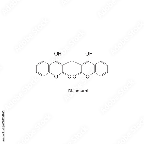 Dicumarol skeletal structure. anticoagulant compound schematic illustration. Simple diagram, chemical formula.