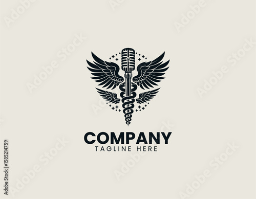 Professional Microphone Caduceus Healing Sound Communication Vector Logo Design