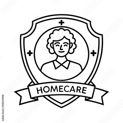 Bold Caregiver Profile With Patient In Badge Style Representing Homecare And Compassion vector line art on white background