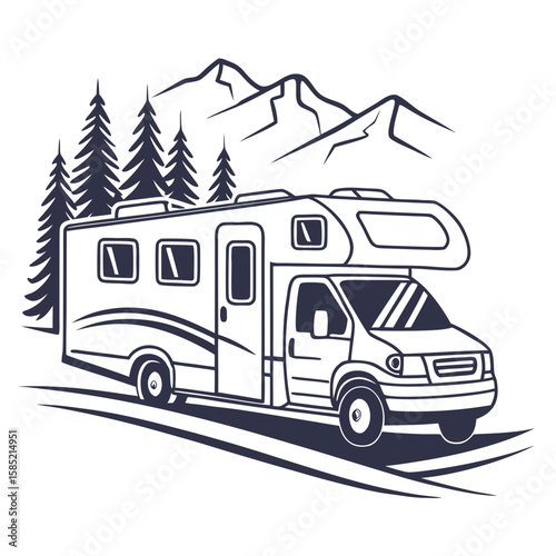 Recreational vehicle driving through pine trees and mountains camper motorhome