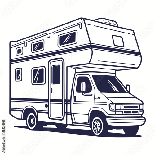 Recreational vehicle with multiple windows and dark blue outlines motorhome camper