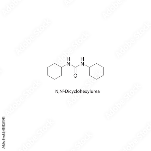 N,N’-Dicyclohexylurea skeletal structure. urea derivative compound schematic illustration. Simple diagram, chemical formula.
