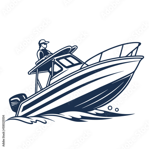 Sleek motorboat with captain on water waves
