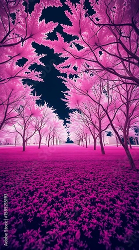 Mystical pink canopy avenue with vibrant flora ground coverage