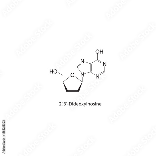 2’,3’-Dideoxyinosine skeletal structure. antiviral nucleoside compound schematic illustration. Simple diagram, chemical formula.