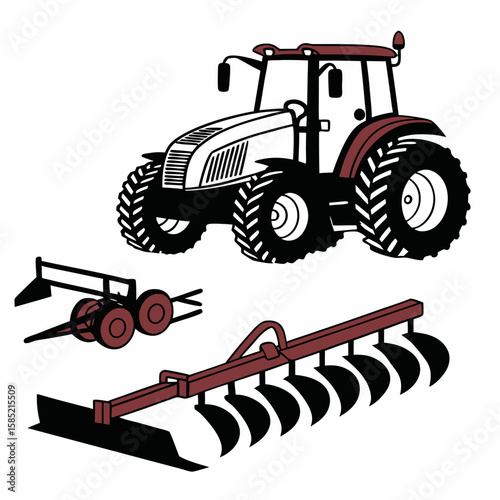 Red and white tractor with plow and cultivator farming agriculture