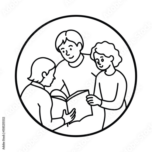 Duo Line Drawing Of Elder Reading To Children In A Circular Generational Scene vector line art on white background