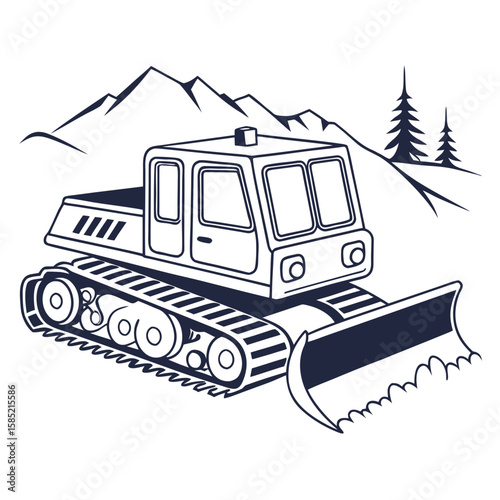 Snow Groomer Vehicle with Mountain Landscape tractor