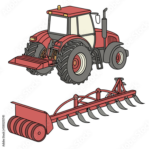 Red tractor with farming attachment agriculture vehicle