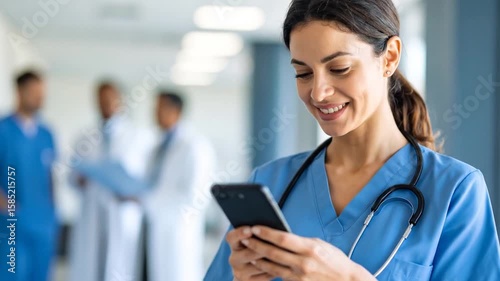 Nurse using a mobile phone in a hospital corridor with colleagues walking by