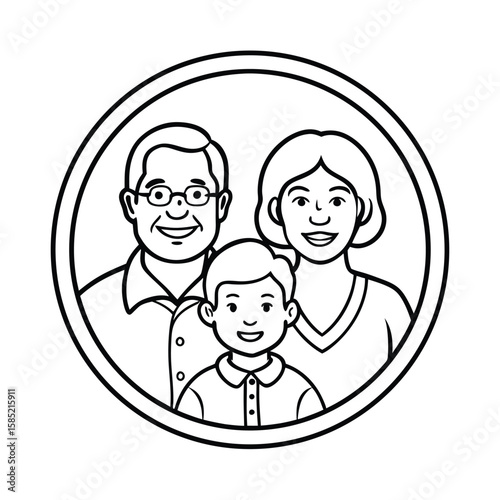 Duo Weight Line Art Of A Diverse Family Featuring Parents And One Child vector line art on white background